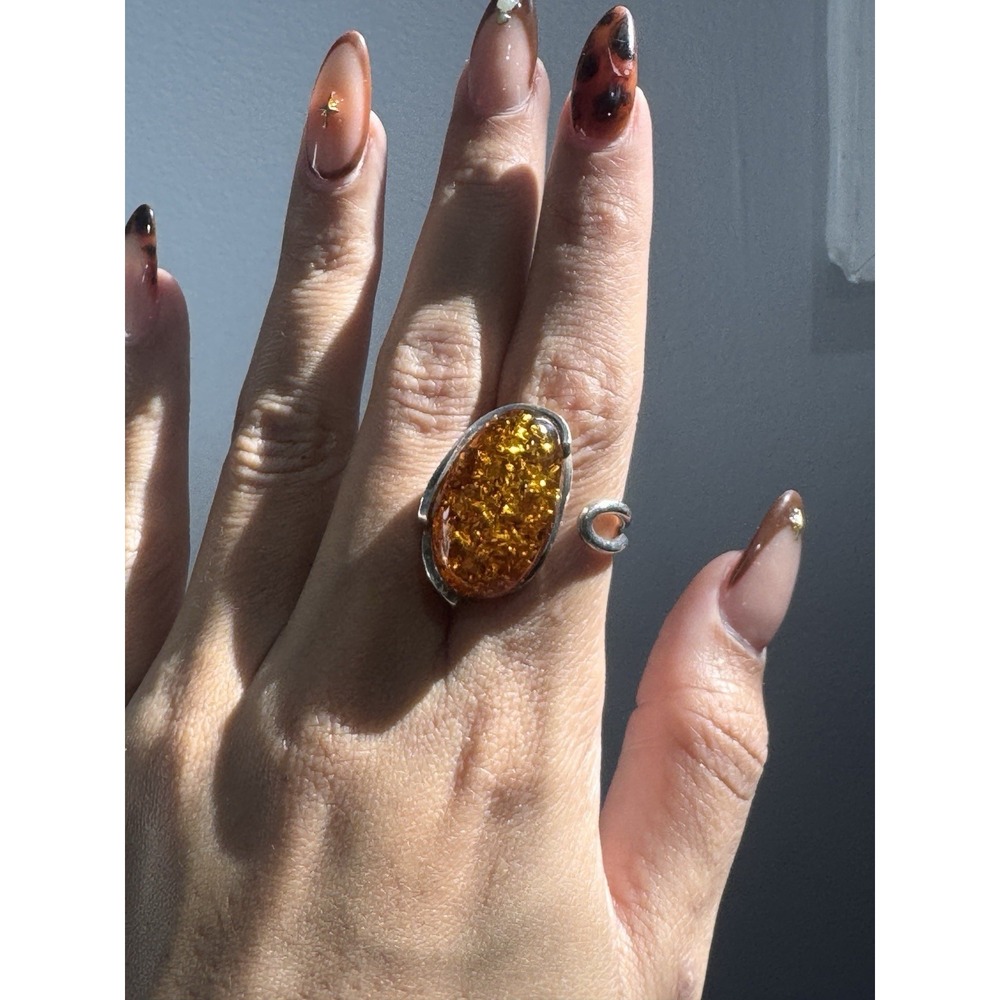 Vintage 925 Sterling Silver & Baltic Amber Ring Sz 8 ADJUSTABLE - Picture 8 of 12
